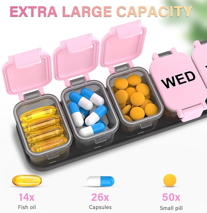 2-Pack Extra Large Weekly Pill Organizer - XL Vitamin Holder with 7 Detachable Compartments, Portable Medicine Pill Organizer for Supplements, Daily Pill Case for Home and Travel