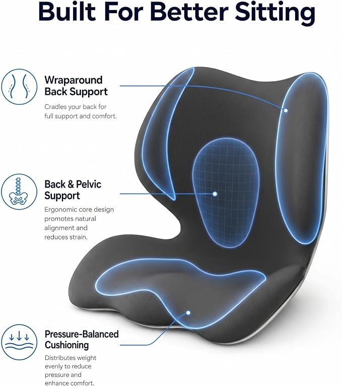 Civa Ergonomic Seat Cushion for Office Chair - Back Support Extra Thick Premium Memory Foam,Posture Support Cushion for Work&Driving Office Chair Cushion, Long Sitting Comfort