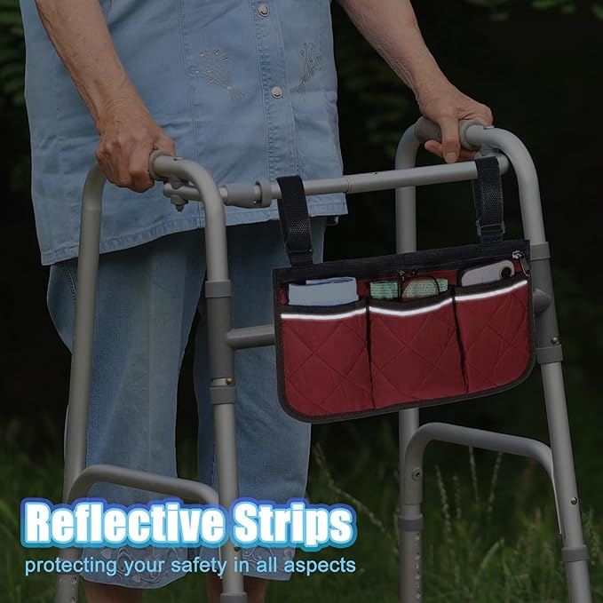 YBEATY Walker Bag Walker Storage Bag with Reflective Strips Folding Basket Wheel Chair Accessories Bags Lightweight Hand Free Storage Carrier Tote for Seniors Rollator Accessories (Wine Red)