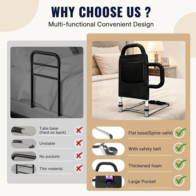 Bed Rails for Elderly Adults - ASTM Approved Adjustable Bed Cane with Non-Slip Ergonomic Handle & Storage Pocket, Bed Railings for Seniors Hold up to 350 LBS, Tool-Free