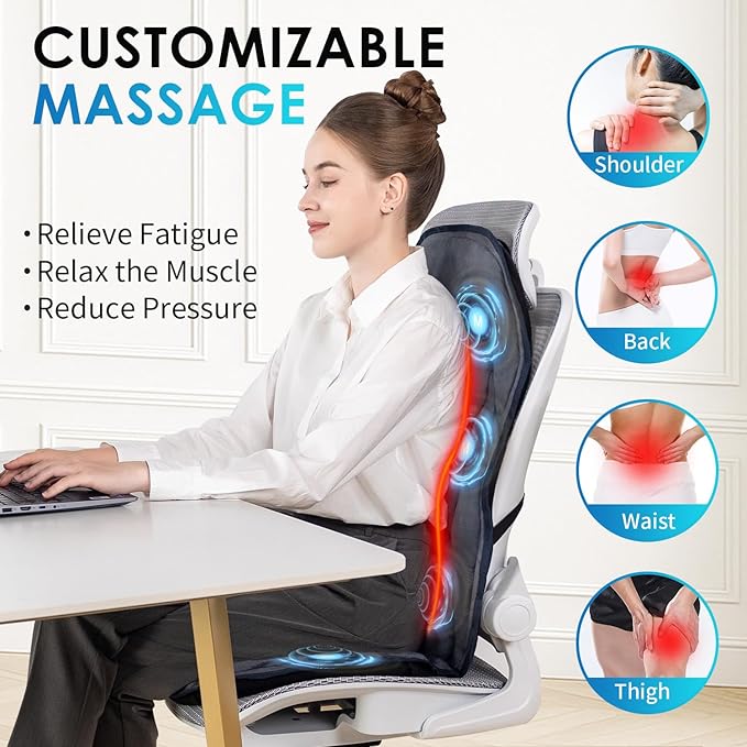 Back Massager with Soft Plush Fabric Cover, Massage Seat Cushion with 8 Vibration Motors & 2 Heating Levels, Chair Massager for Recliner, Office Chair, Sofa Use, Gifts for Dad Mom