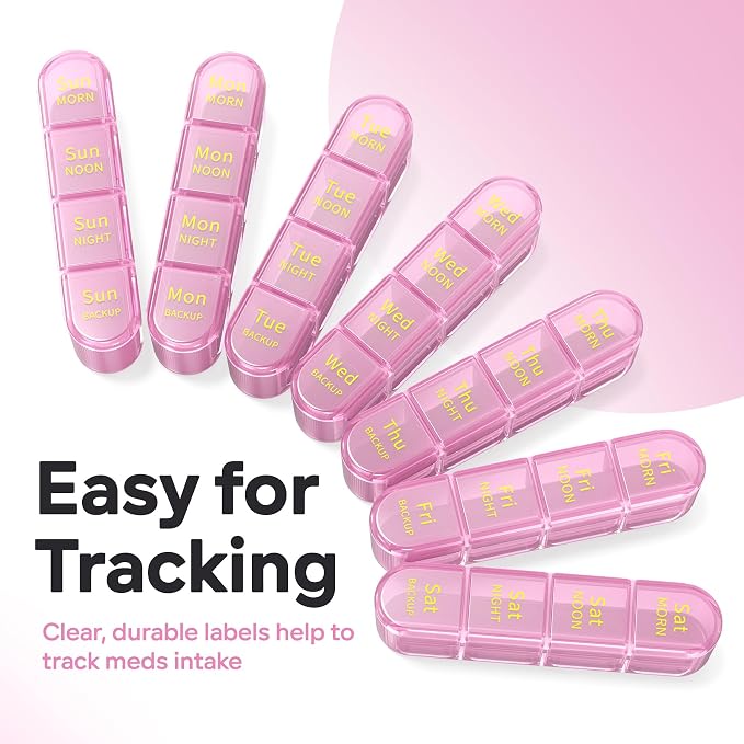 Daviky Pill Organizer 4 Times a Day - Pill Box 7 Day, Weekly Medicine Pill Organizer for Travel with Removable Containers, Pill Case to Hold Daily Vitamins, Supplements and Medication (Pink Purple)