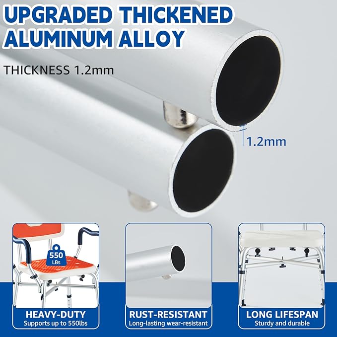 Shower Chair for Inside Shower, Padded Shower Seat Chair with Arms and Back, 6-Level Adjustable Shower Stool Chair for Elderly and Disabled, 550 LB Heavy Duty Handicap Shower Bath Chair