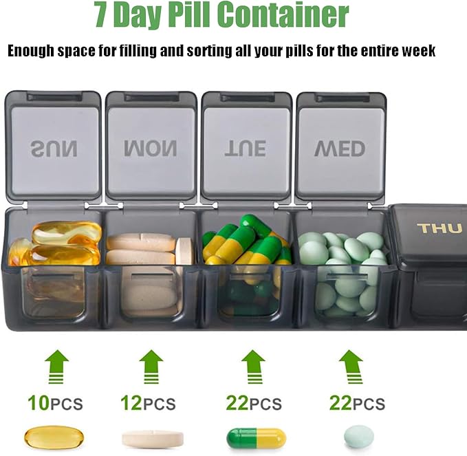 2 Pack Weekly Pill Organizer, Large 7 Day Pill Case, Daily Vitamin Case Medicine Box, AM/PM Pill Containers for Medicine Supplements Fish Oil (Black & Black)