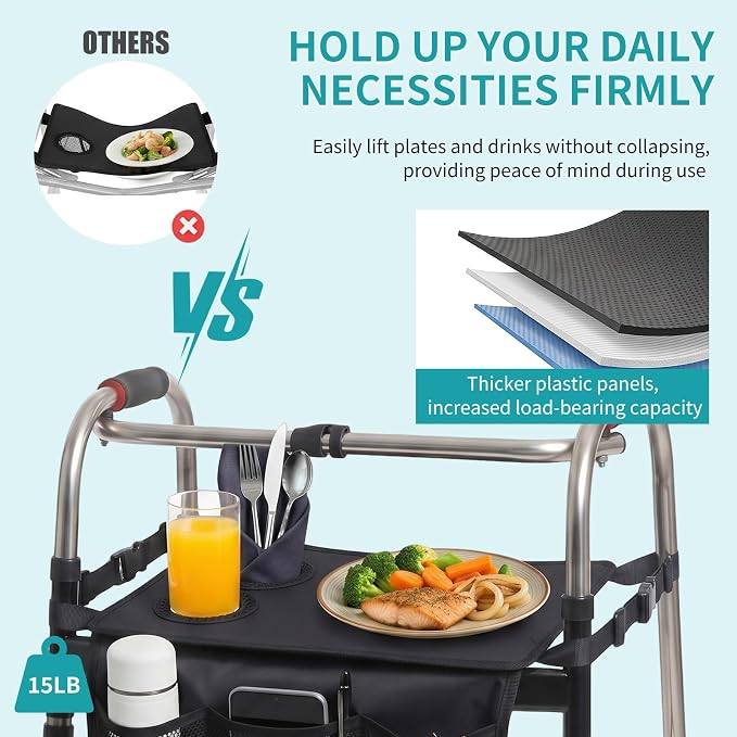 Walker Tray for Folding Walker, Tray for Walkers for Food, 3 Front Pockets & 2 Cup Holders, Fits Most Standard Rolling Folding Walkers, Walker Accessories for Senior, Black