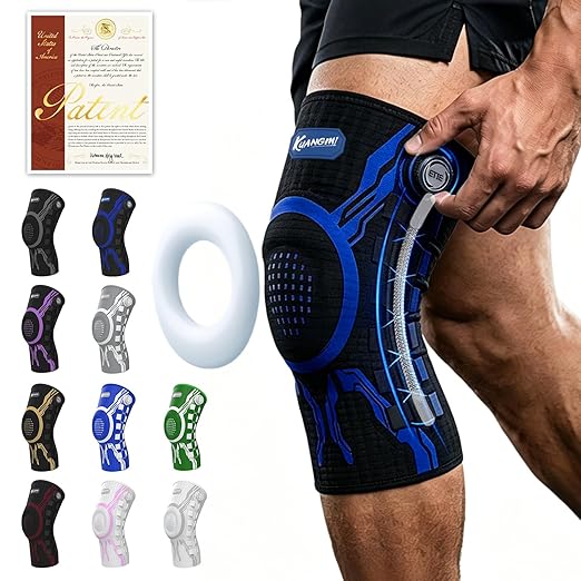 Kuangmi Knob Knee Brace for Pain Relief, Knee Support with Patella Gel Pad & Side Stabilizers, Compression Knee Sleeve for Workout, Arthritis, Joint Pain, Meniscus Tear (Blue Black,Left,X-Large,Single)