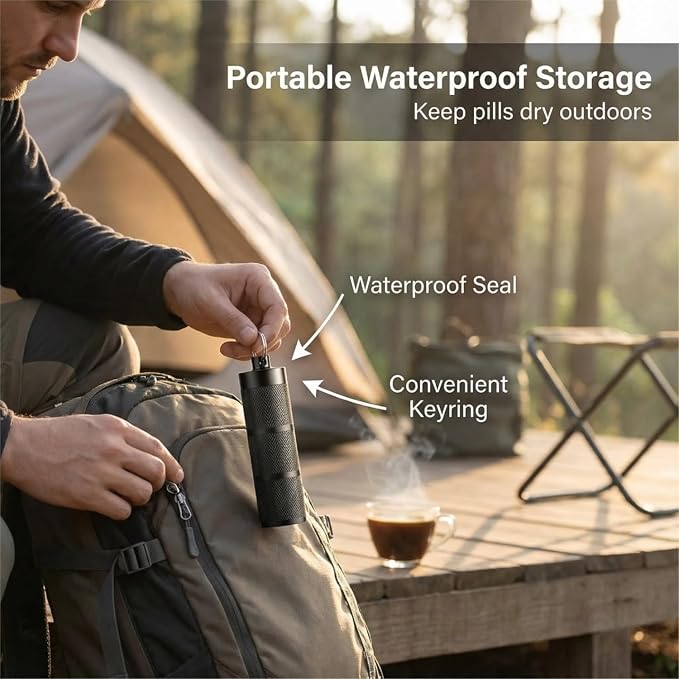 Waterproof Keychain Pill Holder - 3-Compartment, Black | Anodized aluminum with a keyring. 3 detachable layers. Pocket-sized, rustproof EDC pill container