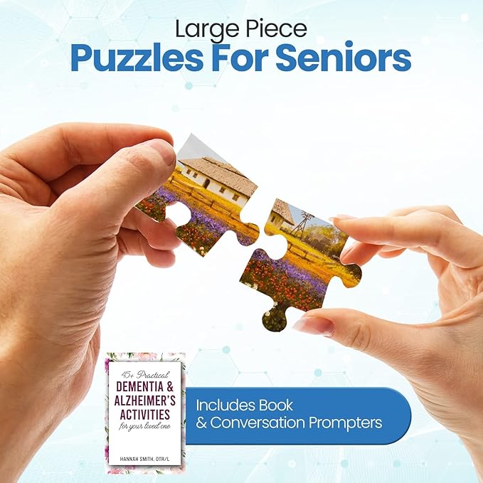 Assistex Large Piece Jigsaw Puzzle for Seniors with Dementia with Conversation Prompts, Large Piece Memory Game for Adults, Elderly, and Dementia Patients – Country Home Puzzle, 16 pcs