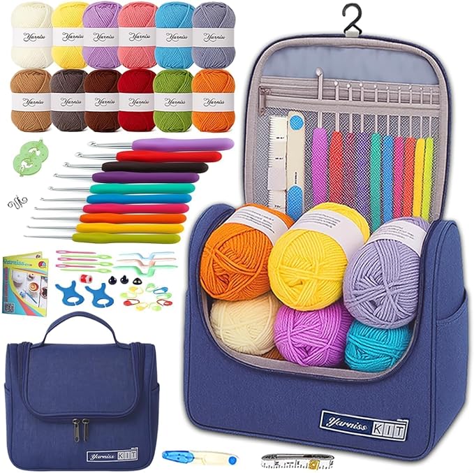 Yarniss Crochet Kit for Beginners, All in One Crochet Kits with 840 Yards Crochet Yarn, Ergonomic Crochet Hooks Set with Yarn for Adults, Navy