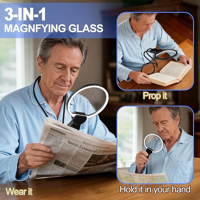 Magnifying Glass with Light Hands Free for Reading 5.5 Inch 5X, LED Light with 2 Modes, Flexible Neck-Worn Large Magnifie, Illuminated Magnifier for Seniors Inspection, Coins, Jewelry, Sewing