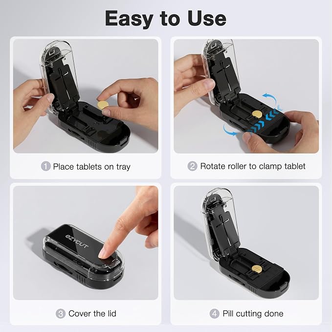 Sukuos Pill Cutter 1/4 & 1/2 – Black Tablet Splitter with Stainless Steel Blade, Precise Cut for Small/Large Pills, Vitamins, Supplements, Medications, Portable & Sleek