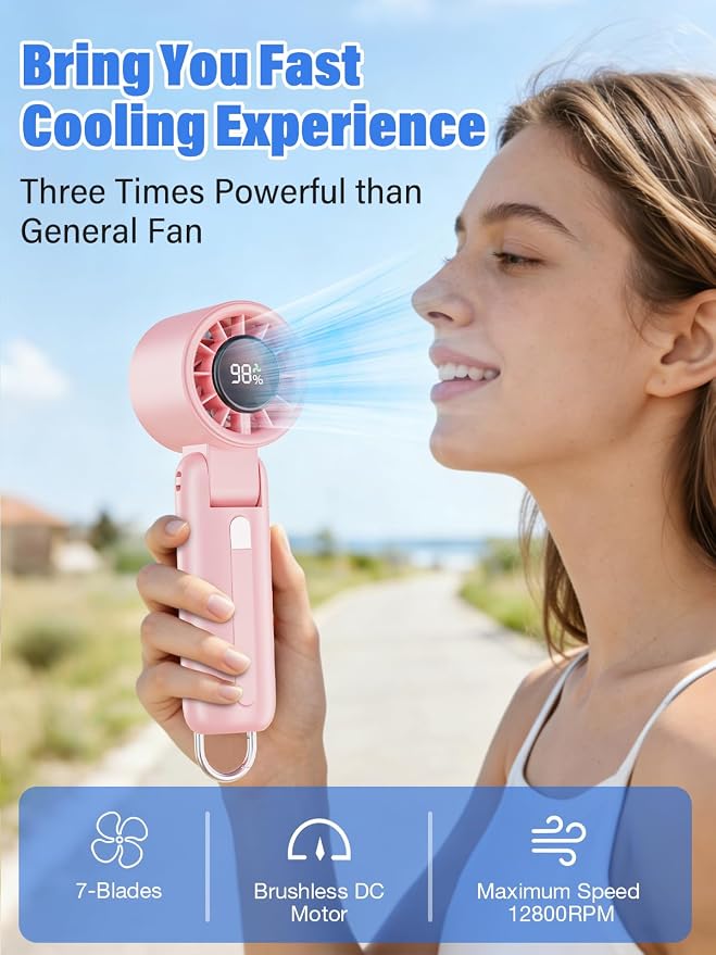 AI Handheld Fan Turbo, 100-Speed Portable Fan Rechargeable, Mini Fan with 12800 RPM Strong Airflow, Foldable 4-in-1 Personal Fan for Travel, Camping, Beach & Office, USB-C & Lightweight & Quiet