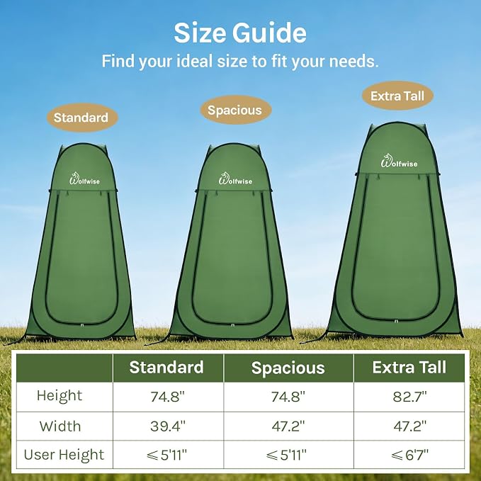 WolfWise Pop Up Shower Tent for Camping Essentials, Compact & Lightweight | Portable Instant Changing Tent with Window & Carry Bag, Privacy Dressing Room Bathroom for Outdoor, 6'3"/6'11" H