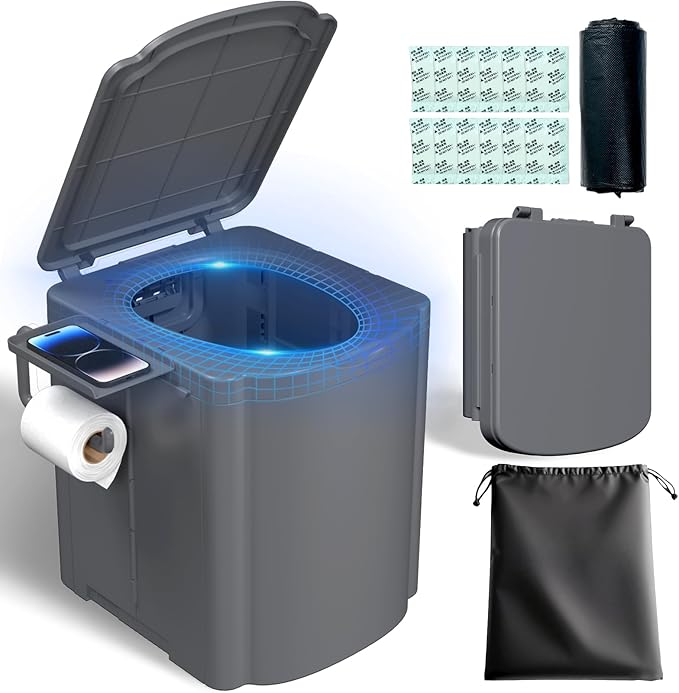 Portable Camping Toilet Kit for Adults, Upgrade Travel Potty Seat with Lid Removable Paper Holder and Absorbent Gel, for Camping, Hiking, Truck, RV Toilet, Beach