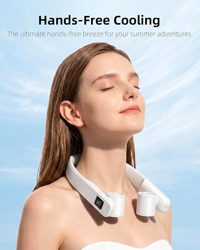 FrSara Portable Neck Fan that Blows Cold Air Rechargeable, Personal Battery Powered Cooling Device with USB TYPE-C, LED Display, Light, 3-Speed, 3000mAh, Ideal Present for Women, Men, Travel, White