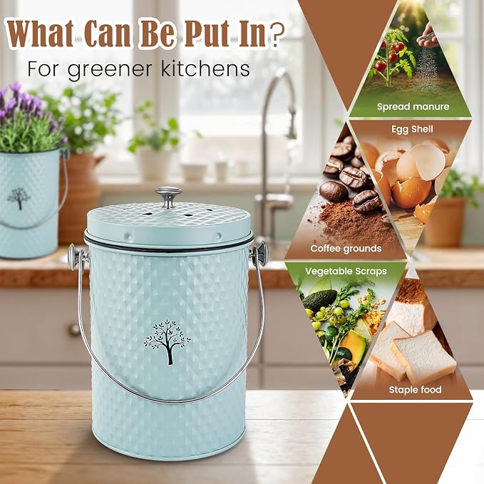 Countertop Kitchen Odorless Compost Bin with Removable Inner Bucket | 1 Gallon Composter Container,Includes 50 Compost Bags,2 Carbon Filters,Compost Bucket, ideal for food scraps,coffee grounds