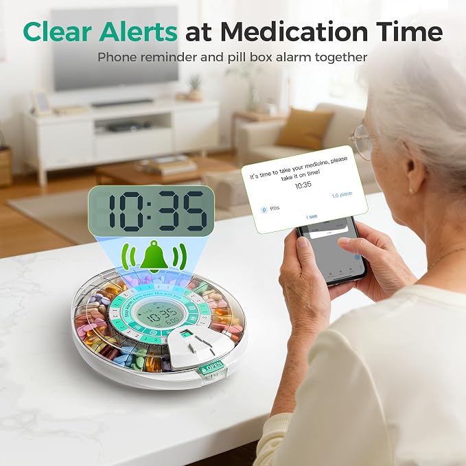 Betife Automatic Pill Dispenser,28-Day Smart Bluetooth Pill Box, Easy Setup | App Support, Pill Case with 6 Alarms & Light Reminder, Electronic Medication Management for Seniors, Monthly Timer Dispenser
