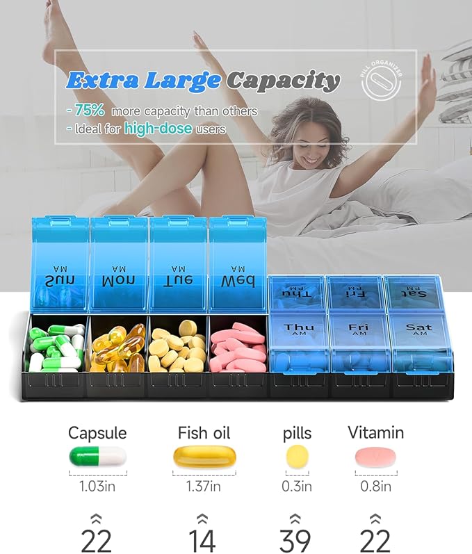 Extra Large Pill Organizer 2 Times a Day, Weekly XL AM PM Pill Case, 7 Day Pill Box Twice a Day, Oversized Daily Medicine Organizer for Vitamins (Blue)