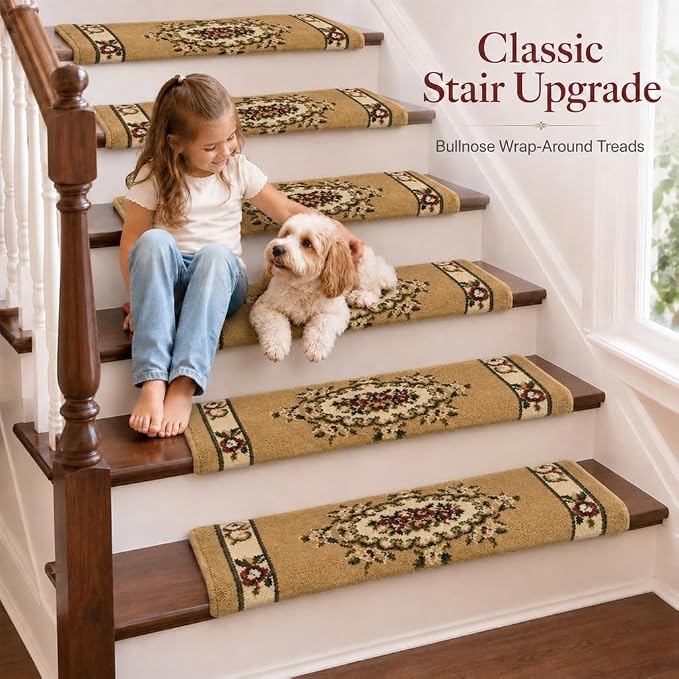 Rounded Bullnose Carpet Stair Treads for Wooden Steps Indoor, No Tape Non Slip Step Mats with TPU Backing & Steel Reinforced Edge for Dogs Elders,Beige Floral,14