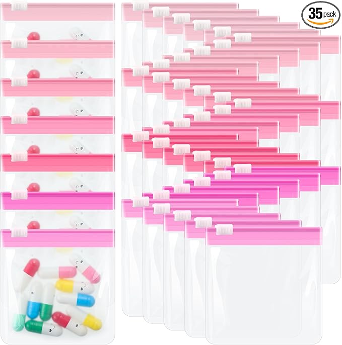 Sherr 35 Pcs Pill Pouch Bags with Zipper Pill Pouch Set Travel Reusable Translucent Medicine Organizer Self Sealing Plastic Bag with Slide Lock for Storage(Gradient Pink,3 x 3 Inch,Blank Style)