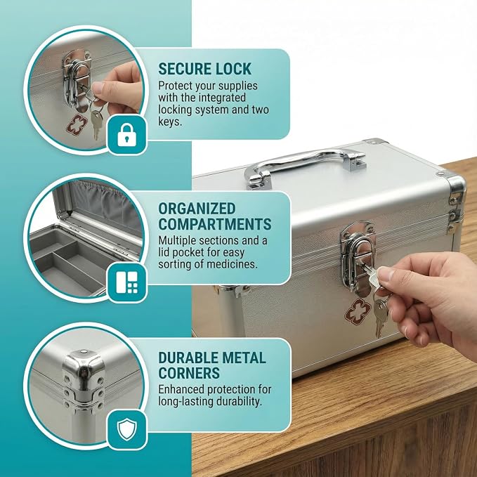Medicine Lock Box, First Aid Safe Medication Storage Box, Layered Aluminum Daily Medicine Lockable Box with Key for Home, Dorm, Office 9.5 x 6 x 6.3 inches