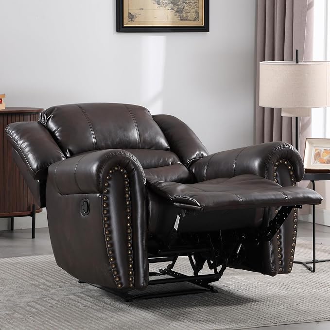 Leather Recliner Chair, Classic and Traditional Manual Recliner Chair with Comfortable Arms and Back Single Sofa for Living Room, Dark Brown