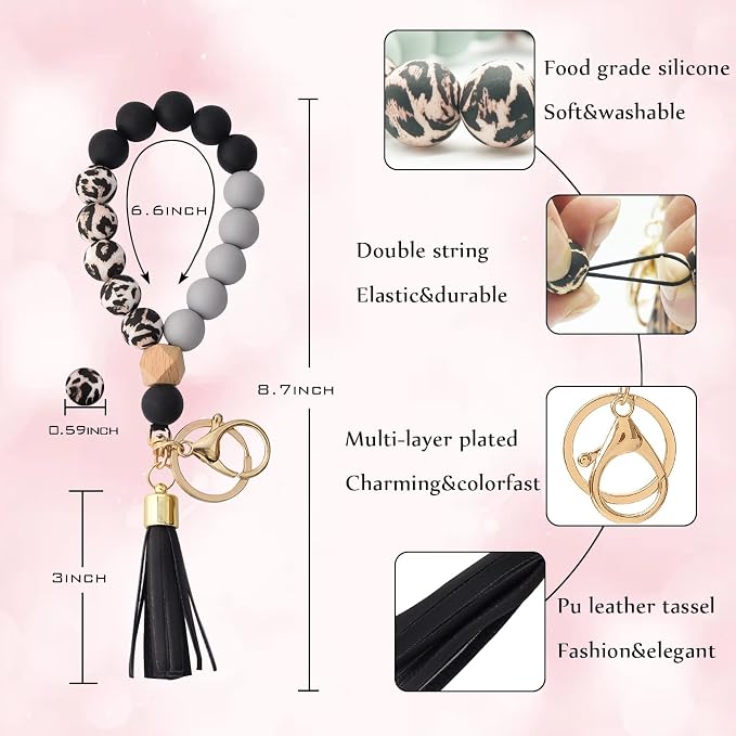 BAOSIWA Silicone Key Ring Bracelet Wristlet Keychain Unique Beaded Bangle Key Chains for Women with Leather Tassel