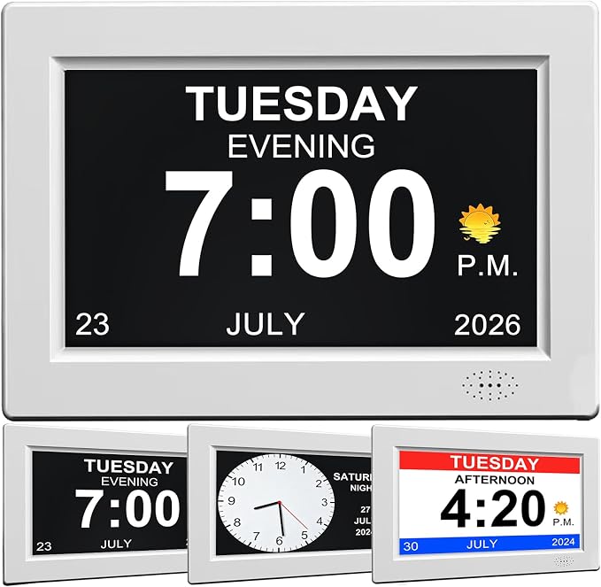 8Inch White Digital Dementia Clock, Large Display Calendar Clock, 15 Medication Reminders, Auto DST, Auto Brightness Adjustment, Equipped with Remote Control
