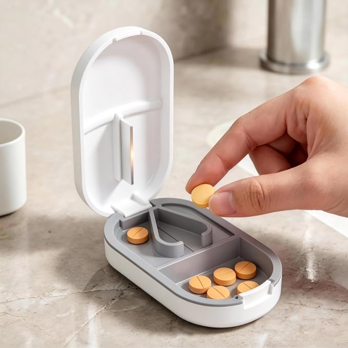 Pill Splitter with Stainless Steel Blade, BPA-Free Pill Cutter, V-Shaped Precision Pill Cutting Device, Portable Travel Pill Divider for Cutting 1/2 1/4 1/8 Small Medium Pills