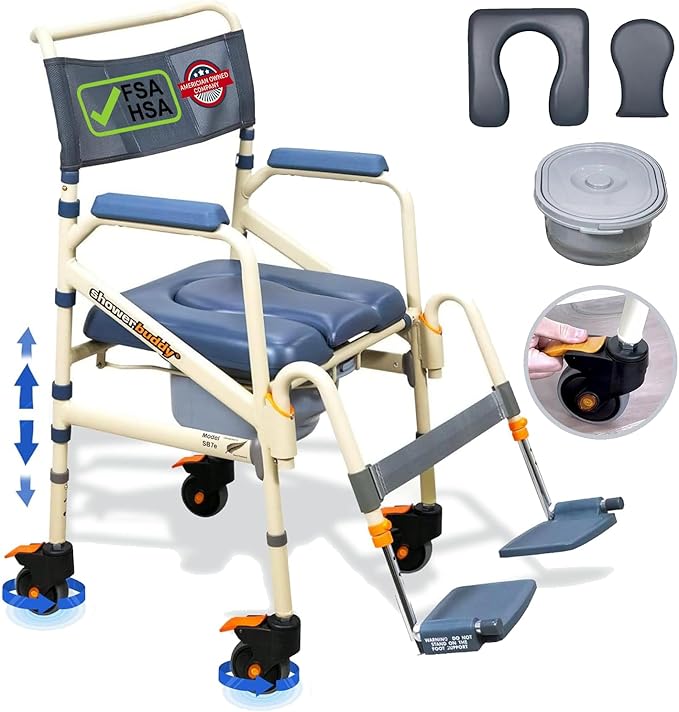 SolutionBased - - Lightweight Aluminum Folding Rolling Shower Chair for Elderly and Disabled - Rolling Commode Shower Wheelchair - Commode - Handicap Shower Chair with Wheels