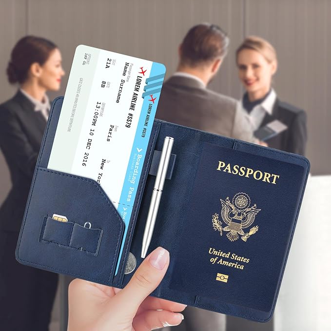 ACdream RFID BLOCKING Passport Holder Travel Wallet, Premium PU Leather Cover Passport Book with Card Holder, Pen Holder, Keep Organization, and Travel Essentials for Women and Men, Blue