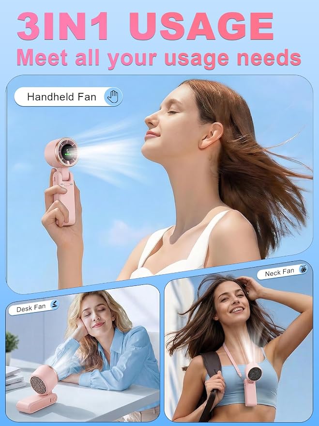 Portable Handheld Turbo Fan, 5 Gear Wind, Battery Operated, Up to 13 Working Hours Rechargeable Fan, 3 IN 1 Hand Fans with Air Turbo Tech Cooling Fan for for Travel, Beach, Outdoor - Pink