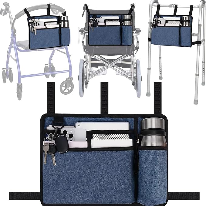 Elfzone Walker Accessory Bag - Walker Bags，Rollator Organizer Pouch for Walker Water-Resistant Armrest Accessories for Seniors, Elderly, Handicap, Blue