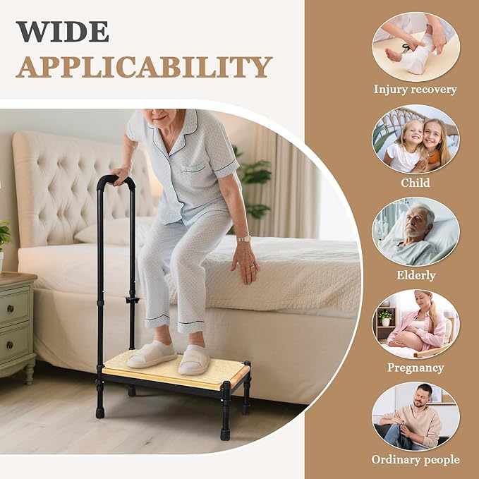 Step Stool with Handle for Elderly Adults, Medical Bedside Stepping Stool for High Beds, SUV Rv Car Safety Steps, Bedroom Bathtub Foot Stool Stairs Platform Adjustable Handrail Heavy Duty 400lb