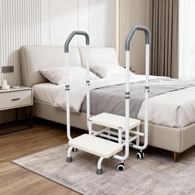 2-Step Stool with Double-Side Handrails & 4 Casters for Elderly, Bed Steps for High Beds for Adults, Non Slip Platform and Adjustable Handrail, for Kitchen Bathroom RV Bathtub, Assist Rail gray