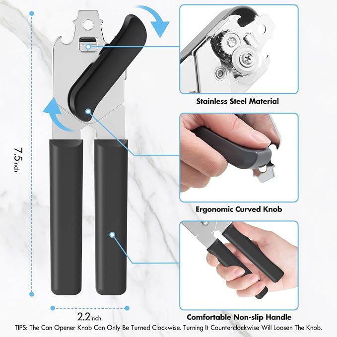 Can Opener Manual, COKORA Can Openers Hand Held with Comfort Anti-Slip Handles, Heavy Duty Stainless Steel Can Opener Smooth Edge and Bottle Openers, Easy Turn Can Openers for Seniors, Kitchen, Gray
