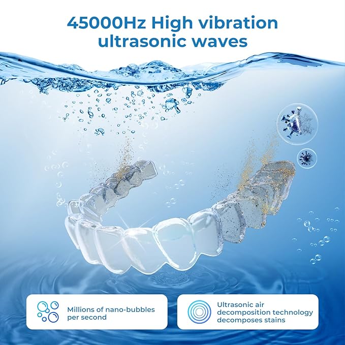 Ultrasonic Retainer Cleaner Machine, 45kHz Dental Cleaning Pod for Denture, Mouth Guard, Night Guard, Aligner, Braces, Toothbrush, 200ML Denture Cleaner with Digital Timer & 4 Modes, Pink