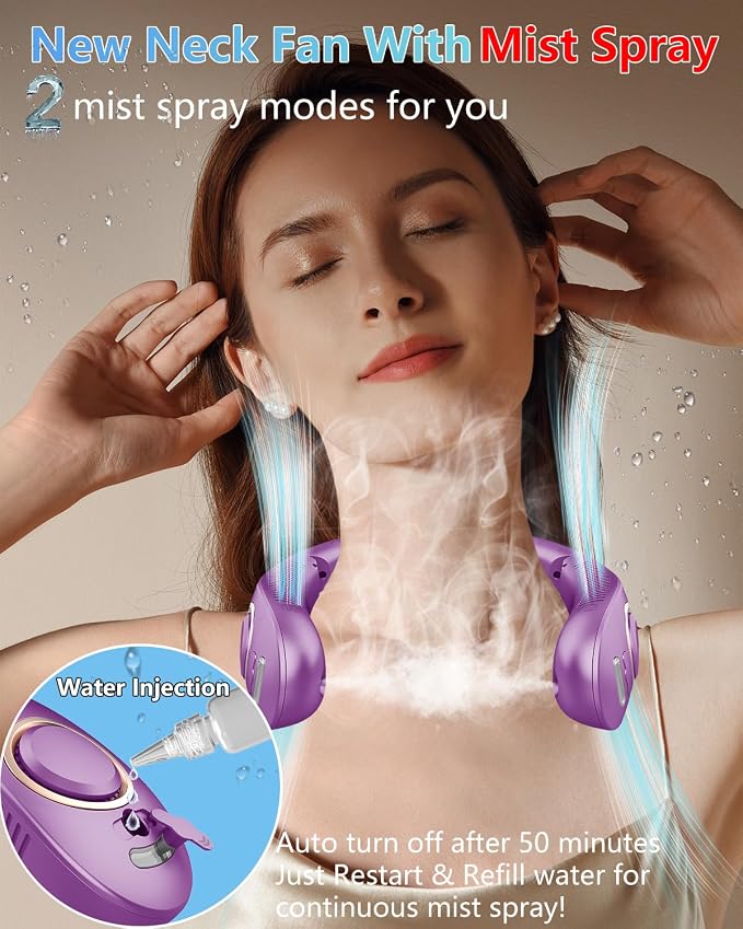 Portable Neck Fan Rechargeable,Bladeless Misting Fan Around Neck Fans that Blow Cold Air,Wearable Cooling Fan Mister Over the Neck,Headband Mobile Nevk Cooler Best Gifts for Women Men Adults