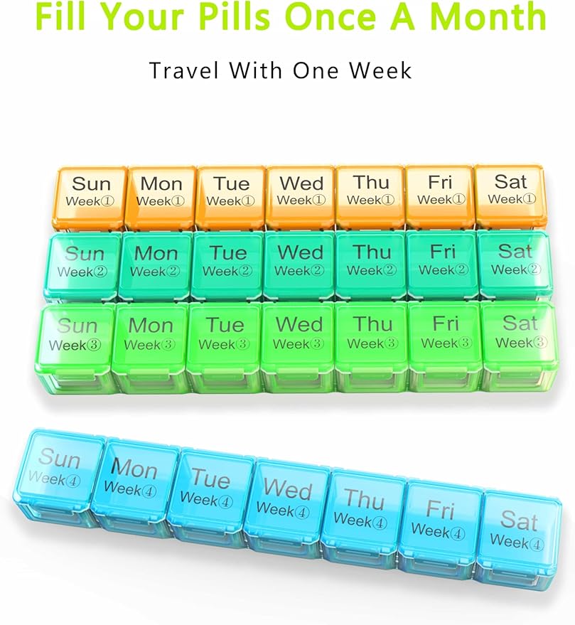 Large Monthly Pill Organizer 28 Day Case Organizerd Extra Large Compartments 4 Week Dust-Proof Pill Case Medication Reminder Portable Travel Container (Orange-Cyanblue-Green-Blue)