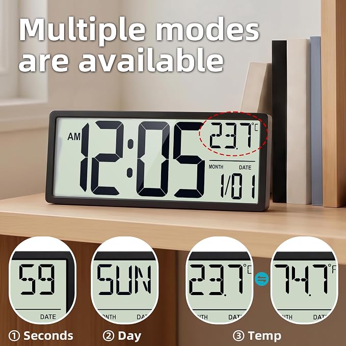 16" Digital Wall Clock, Battery-Operated with Large LCD Display, Jumbo Number Modern Decorative Clock with Alarm, Date, Calendar, Temperature for Elderly, Senior Bedroom, Living Room, Kitchen
