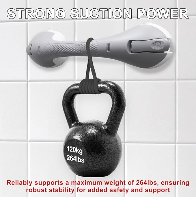 Suction Grab Bar for Shower Bathtub: Upgraded Heavy Duty Non-Slip Grip Handle with Strong Suction Cup for Bathroom Wall, Max Load 269LBS Safety Bar for Elderly Senior (Grey, 17 inches)