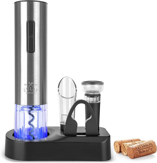 Zulay Kitchen Electric Wine Opener 4-Piece Gift Set with Charging Base - Foil Cutter, Aerator & Pourer, Vacuum Stoppers - Automatic Wine Bottle Corkscrew Opener For Smooth & Fast Uncorking
