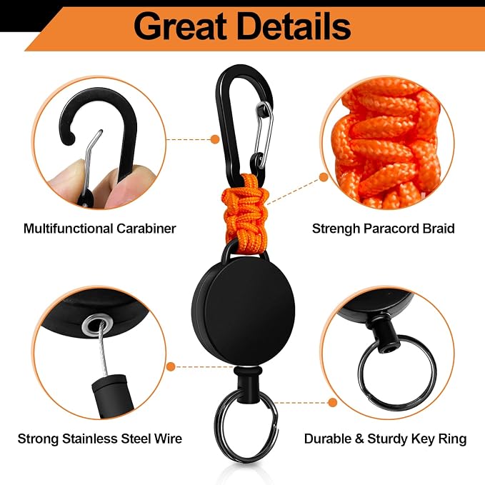 Retractable Keychain 4 Pieces Heavy Duty Carabiner Badge Holder Retractable Badge Reel ID Holder Extendable Key Ring Key Holder (Black + Green + Orange + Orange-Black)