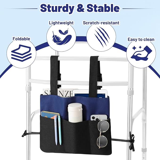 Rhino Valley Walker Bags for Walker Accessories for Seniors,Blue & Black | Walker Basket for Folding with Cup Holder, 7 Pockets with Adjustable Strap Rope,Foldable Walker Accessories for Seniors