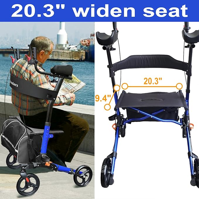 Aliseniors Upright Walker with Seat for Seniors, Extra-Wide Foldable Stand Up Rollator Walker with Padded Armrests, 8" All-Terrain Wheels, Medical Rolling Walkers for Adults, Supports 300lbs, Blue