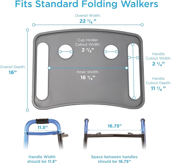 NOVA Walker Tray Table with Spill-Proof Raised Edges and Two Cup Holders and for Seniors, Standard Folding Walker Accessory, 16 x 23 Inch