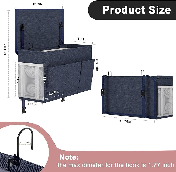 Bedside Caddy Storage Organizer for Bed Rails, Bed Caddy with 6 Pockets | Bedside Organizer with Fixed Straps and Hooks, Mattress Supported Versatile for Home, Dorm, Bunk, Hospital and Crib Bed