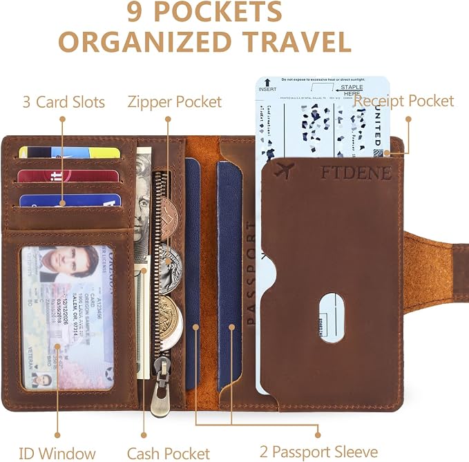 Passport Wallet for Men, Full Grain Leather Passport Holder, AirTag Slot | 2-3 Passport Capacity, Slim Design for Travel, Multiple Pockets, Magnetic Closure, RFID Blocking, Zippered Coin Pocket, Brown