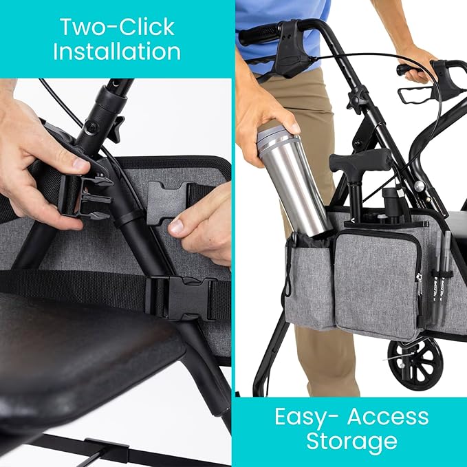 Vive Side Bag for Rollators, Wheelchairs, Walkers - Tote Organizer with Phone Pocket - Storage Travel Pouch - Small Hanging Stroller Accessories for Women, Men, Seniors - Non Slip Cup Holder