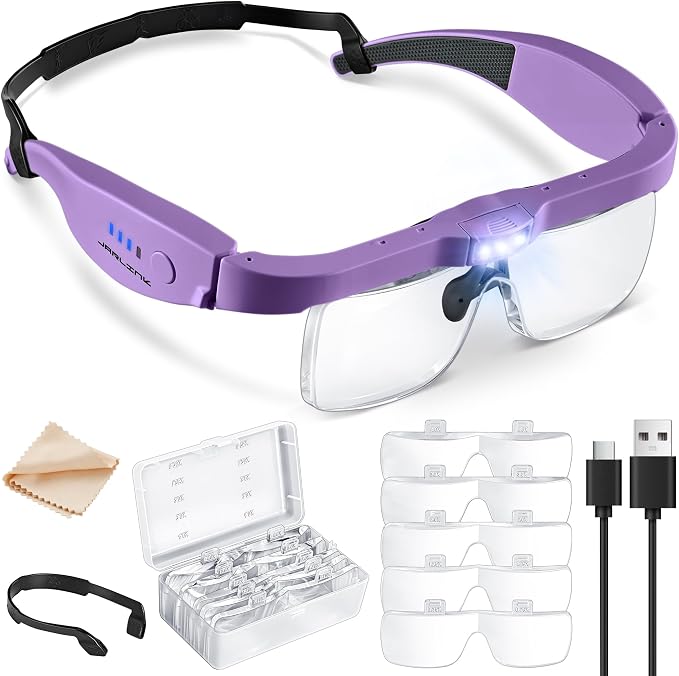 JARLINK Magnifying Glass with Light, 5 Lenses, Rechargeable Headset | Features 5 Lenses (0.75-4.0X) and 3 LED Lights. Rechargeable Headset Magnifier for Close Work, Crafts, and Model Makers